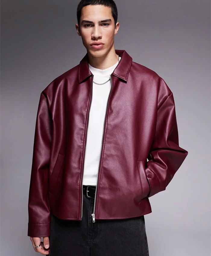 Men’s Burgundy Faux Leather Jacket – Oversized Streetwear Y2K Aesthetic Maroon Leather Jacket