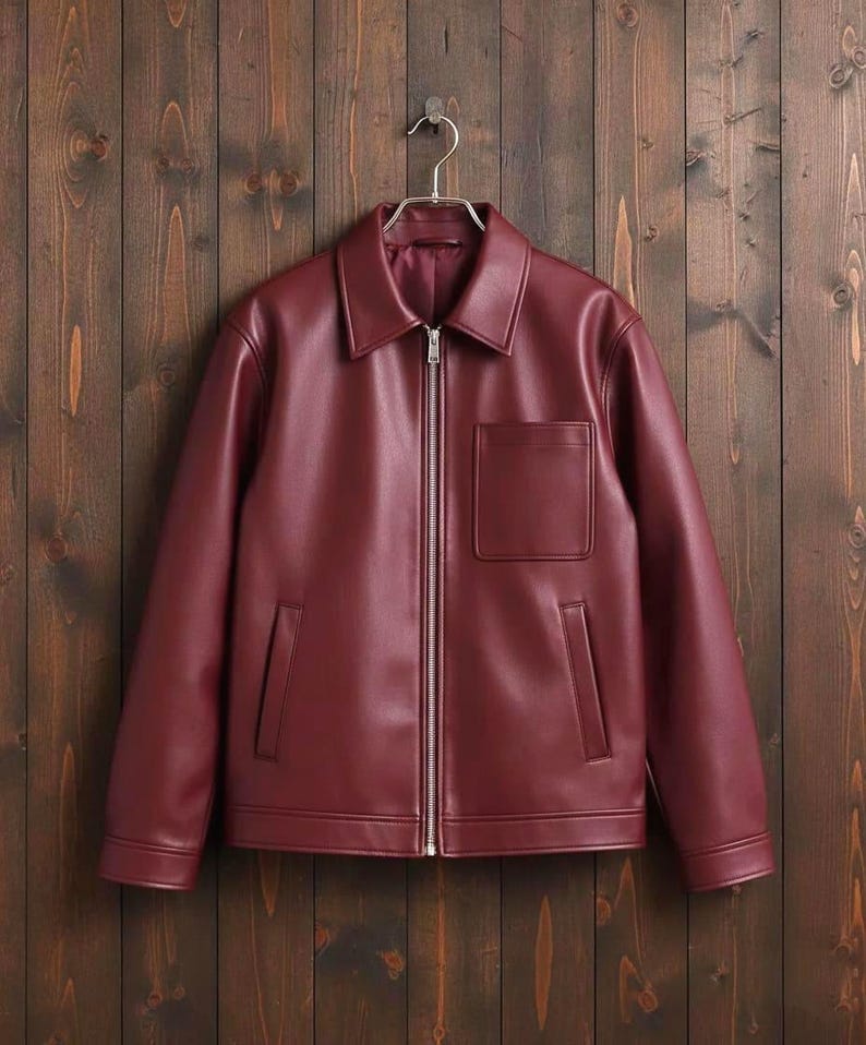 Men’s Burgundy Faux Leather Jacket – Oversized Streetwear Y2K Aesthetic Maroon Leather Jacket