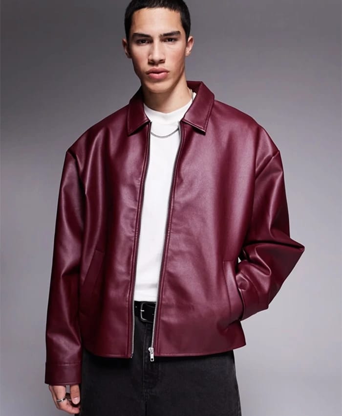 Men’s Burgundy Faux Leather Jacket – Oversized Streetwear Y2K Aesthetic Maroon Leather Jacket