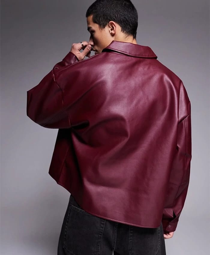 Men’s Burgundy Faux Leather Jacket – Oversized Streetwear Y2K Aesthetic Maroon Leather Jacket