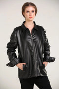 Women’s Black Faux Leather Oversized Jacket – Minimal Streetwear Zip-Up PU Leather Jacket