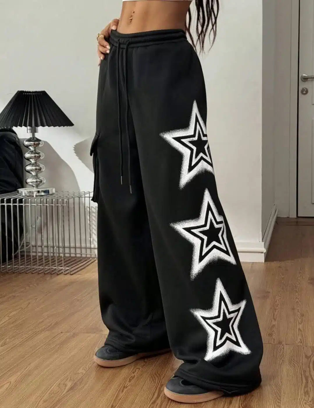 Women’s Black Star Print Oversized Track Pants – Wide Leg Streetwear Cargo Joggers