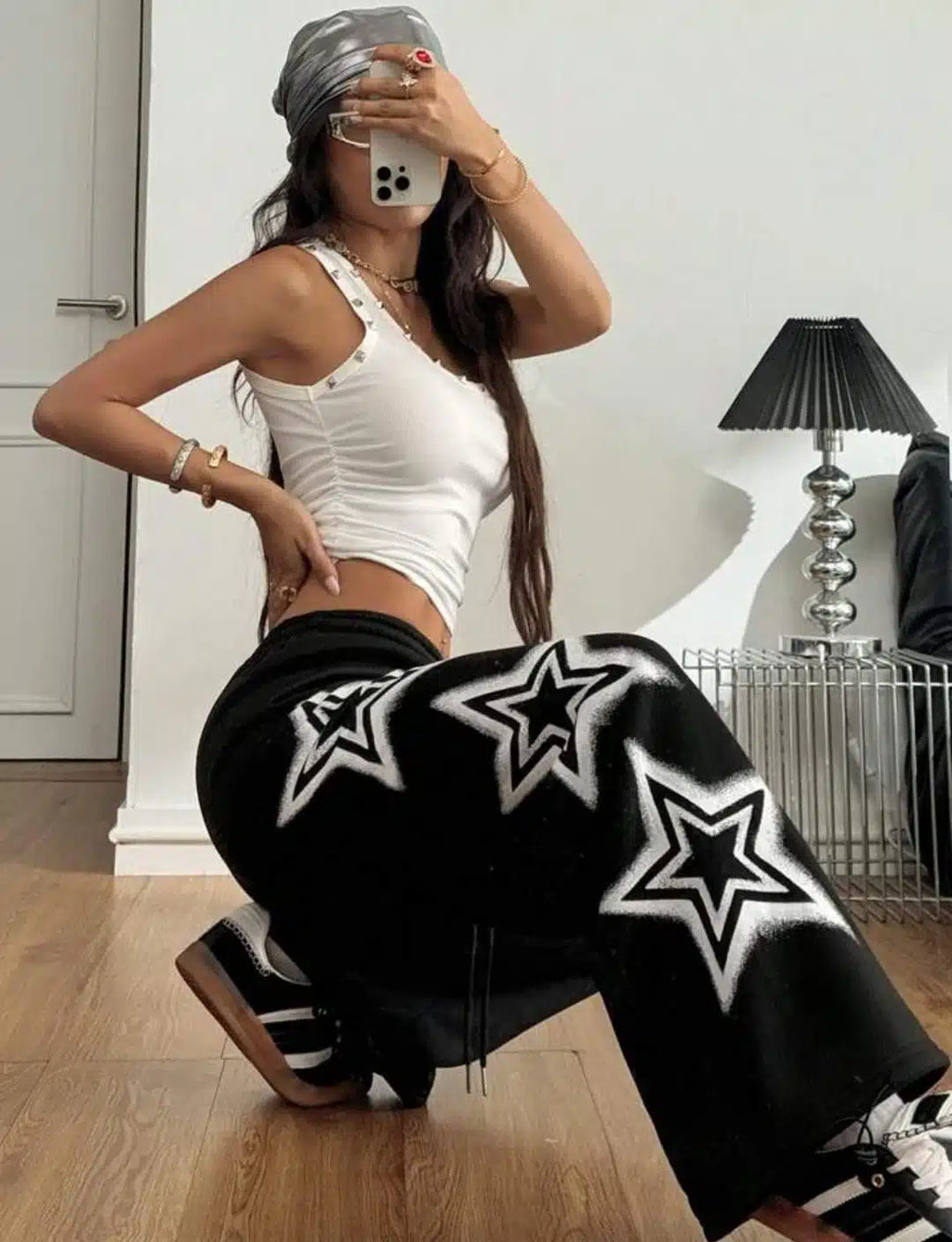 Women’s Black Star Print Oversized Track Pants – Wide Leg Streetwear Cargo Joggers