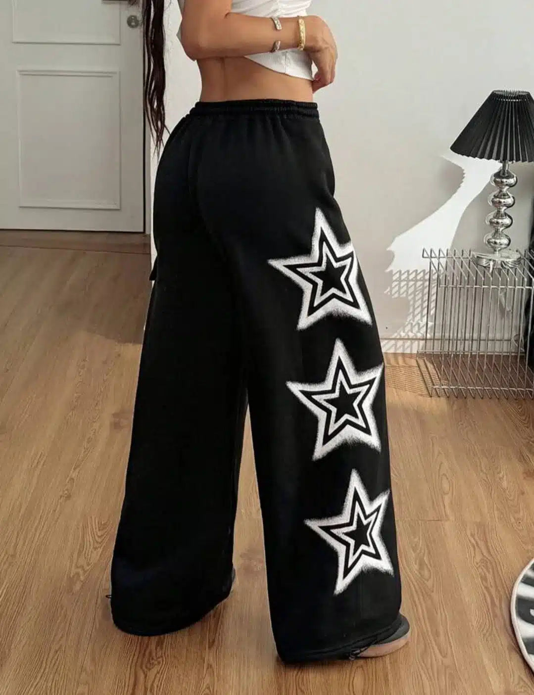 Women’s Black Star Print Oversized Track Pants – Wide Leg Streetwear Cargo Joggers