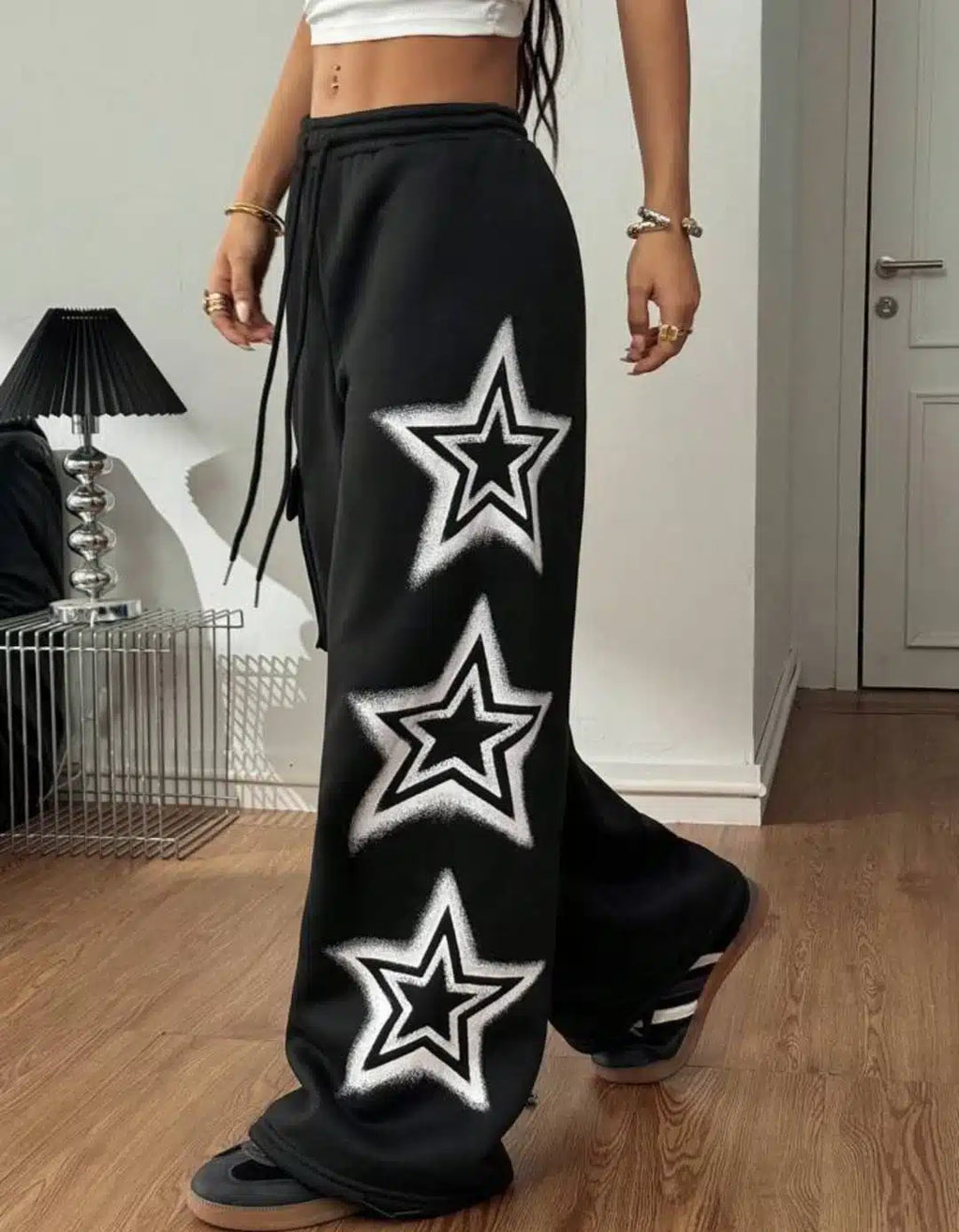 Women’s Black Star Print Oversized Track Pants – Wide Leg Streetwear Cargo Joggers