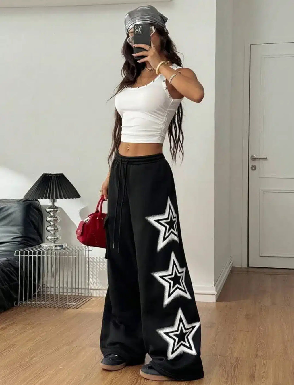 Women’s Black Star Print Oversized Track Pants – Wide Leg Streetwear Cargo Joggers