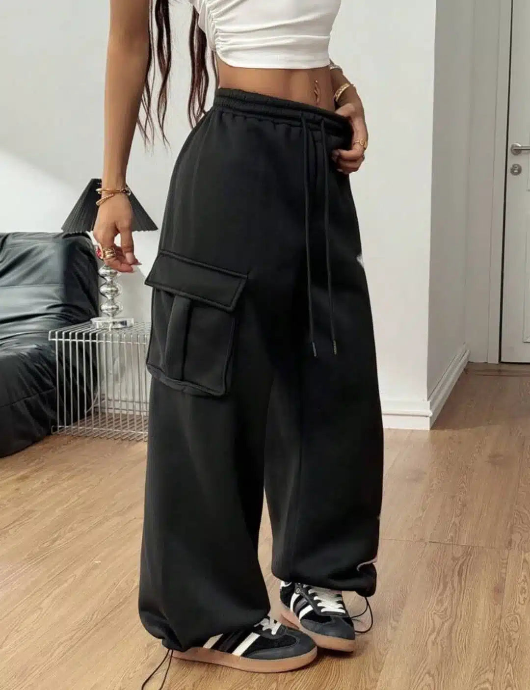 Women’s Black Star Print Oversized Track Pants – Wide Leg Streetwear Cargo Joggers