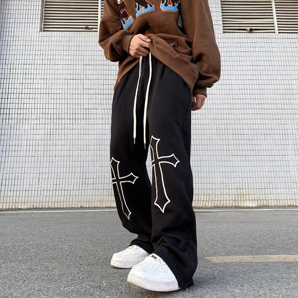 Men’s Black Cross Print Oversized Track Pants – Wide Leg Streetwear Baggy Joggers