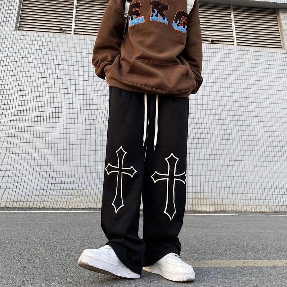Men’s Black Cross Print Oversized Track Pants – Wide Leg Streetwear Baggy Joggers