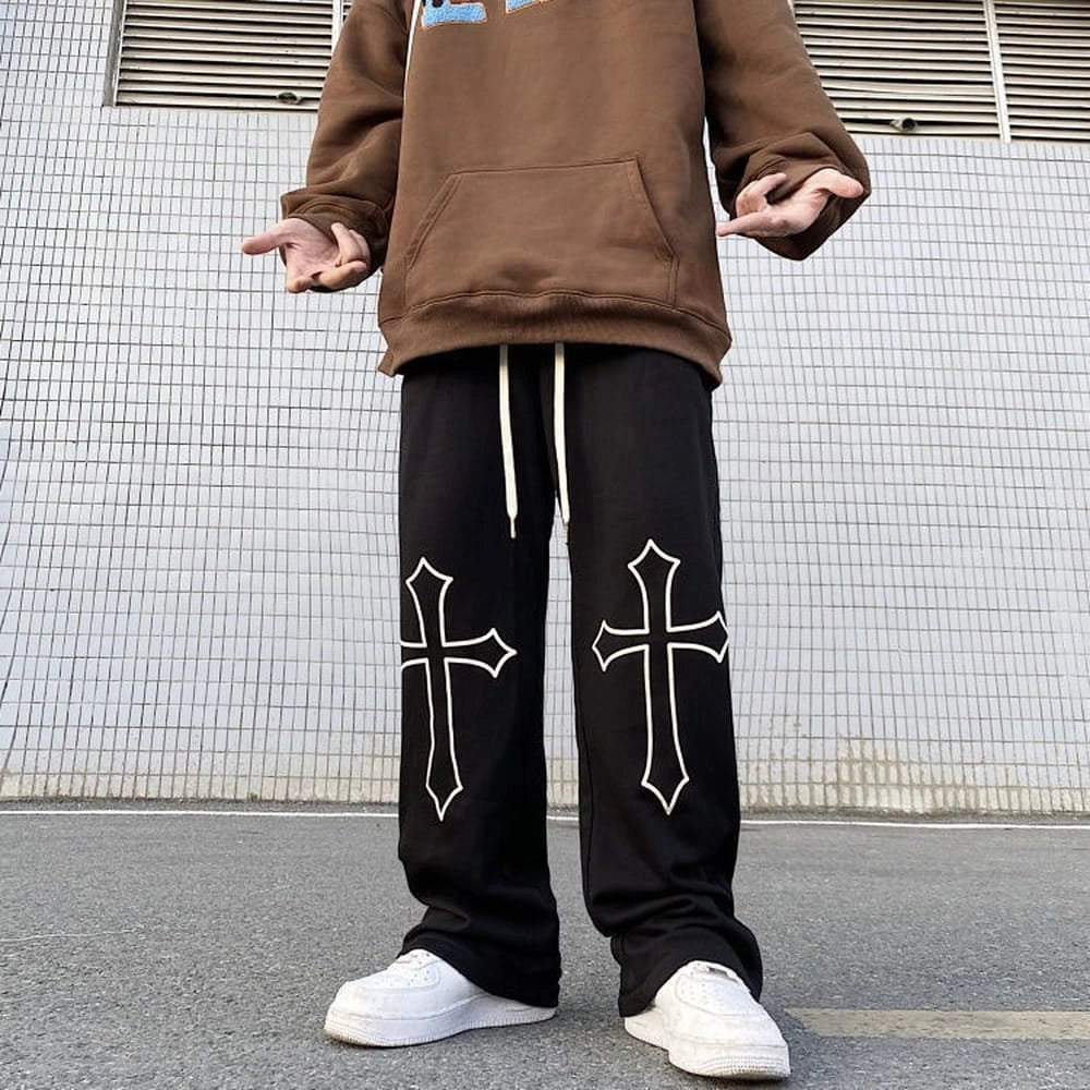 Men’s Black Cross Print Oversized Track Pants – Wide Leg Streetwear Baggy Joggers