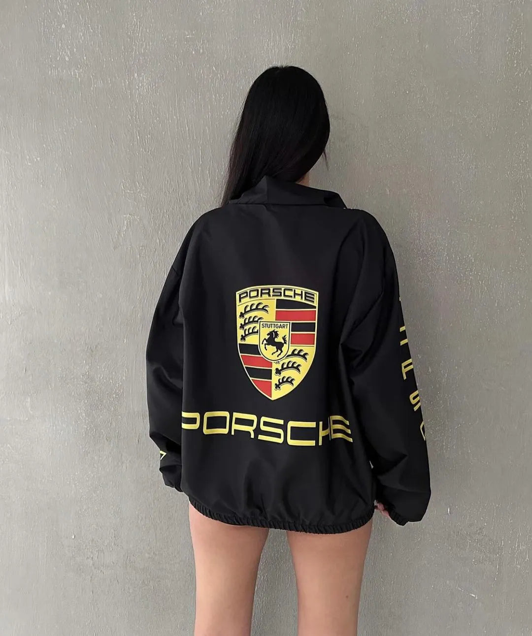 Dynamic Porsche Racing Oversized Streetwear Jacket for Women – Black Motorsport Windbreaker with Logo Print