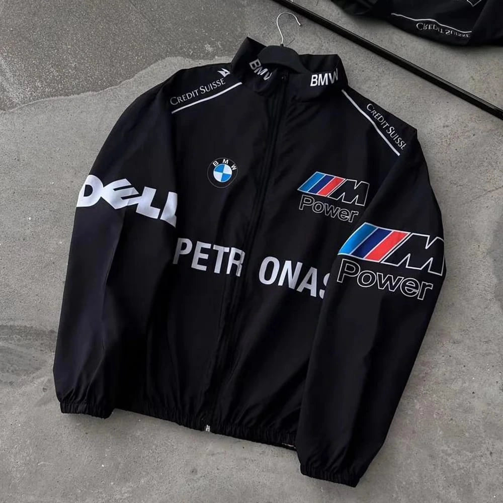 BMW M Power Racing Jacket – Black Motorsport Streetwear Zip-Up Jacket | Formula 1 Style Oversized Jacket for Men & Women