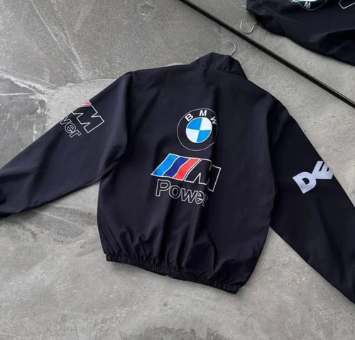 BMW M Power Racing Jacket – Black Motorsport Streetwear Zip-Up Jacket | Formula 1 Style Oversized Jacket for Men & Women