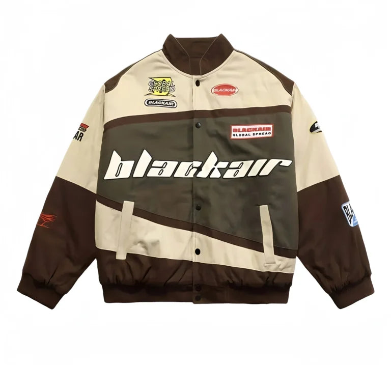 Blackair Motorsports Racing Jacket – Brown Beige Streetwear Oversized Jacket | Vintage Motorsport Style Unisex Outerwear