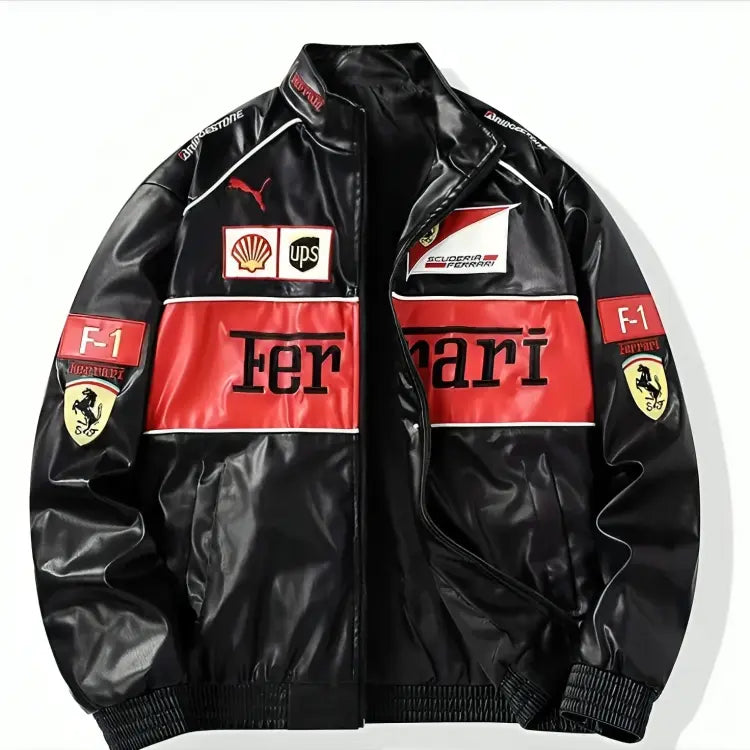Ferrari F1 Racing Leather Jacket – Black Red Motorsport Streetwear Jacket for Men & Women