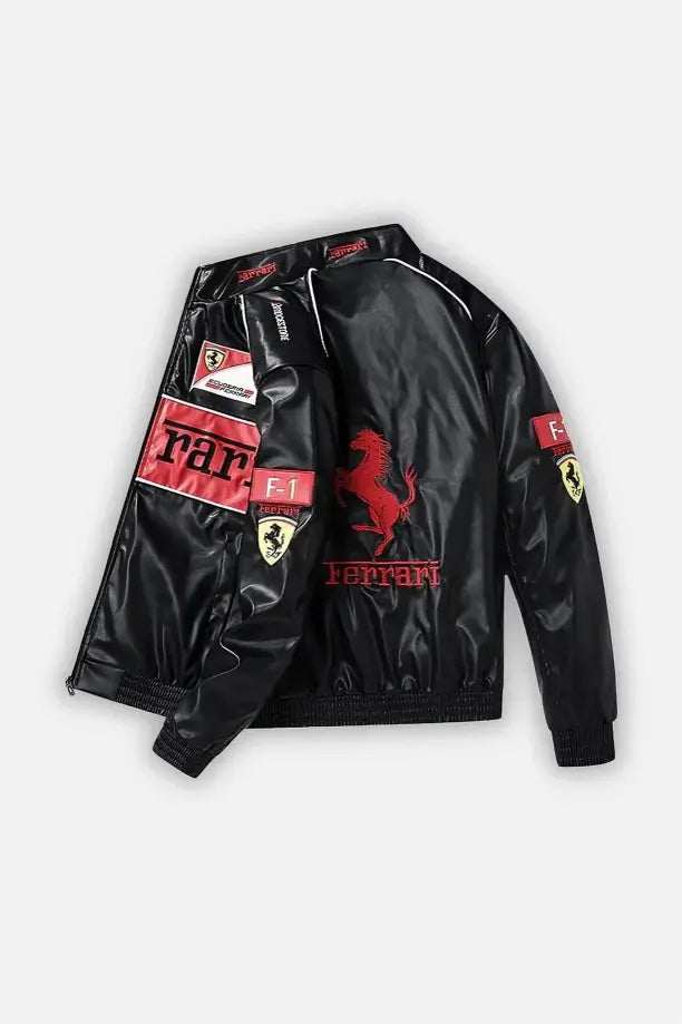 Ferrari F1 Racing Leather Jacket – Black Red Motorsport Streetwear Jacket for Men & Women
