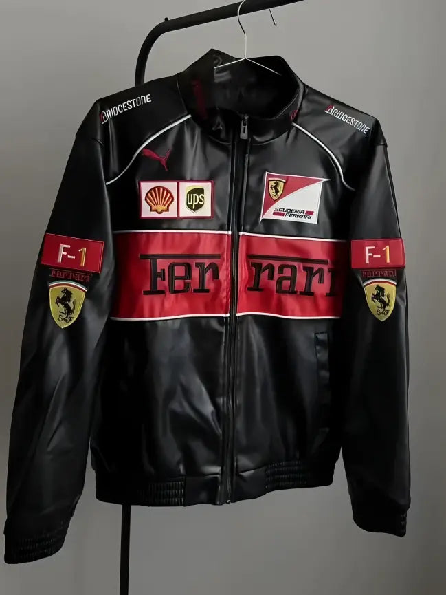 Ferrari F1 Racing Leather Jacket – Black Red Motorsport Streetwear Jacket for Men & Women