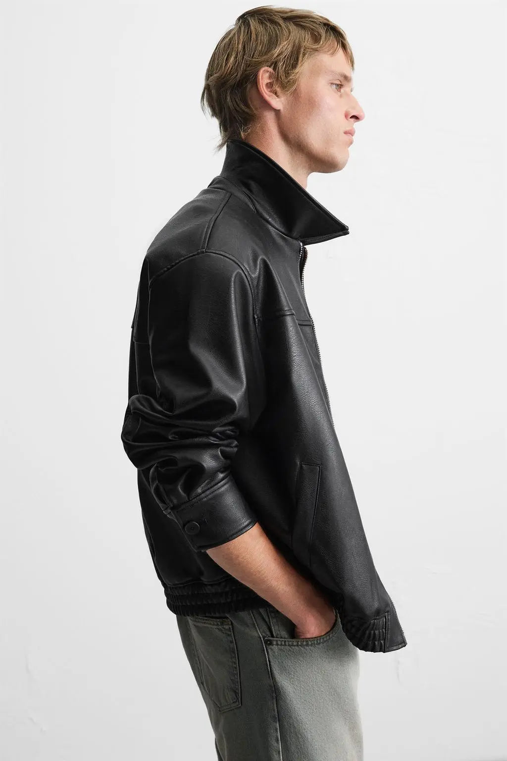 Classic Black Leather Jacket for Men – Minimal Zip-Up Faux Leather Jacket | Premium Streetwear & Casual Outerwear