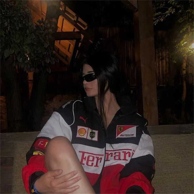 Ferrari F1 Racing Jacket for Women – Oversized Streetwear Motorsport Jacket Black Red