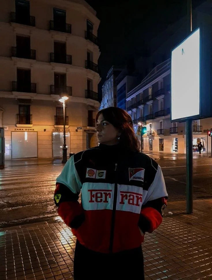Ferrari F1 Racing Jacket for Women – Oversized Streetwear Motorsport Jacket Black Red