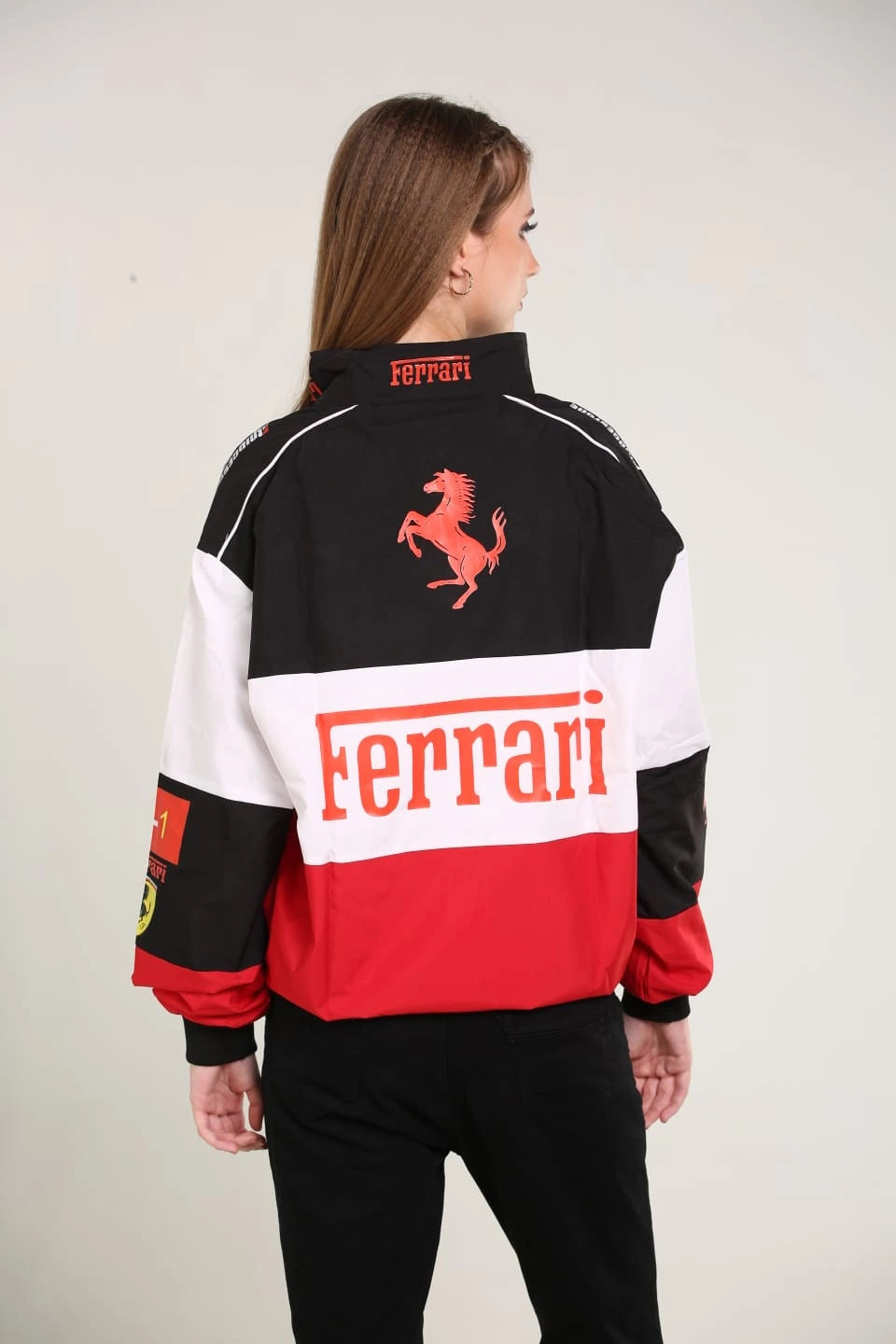 Ferrari F1 Racing Jacket for Women – Red Black White Motorsport Streetwear Zip-Up Jacket | Premium Formula 1 Style Outerwear