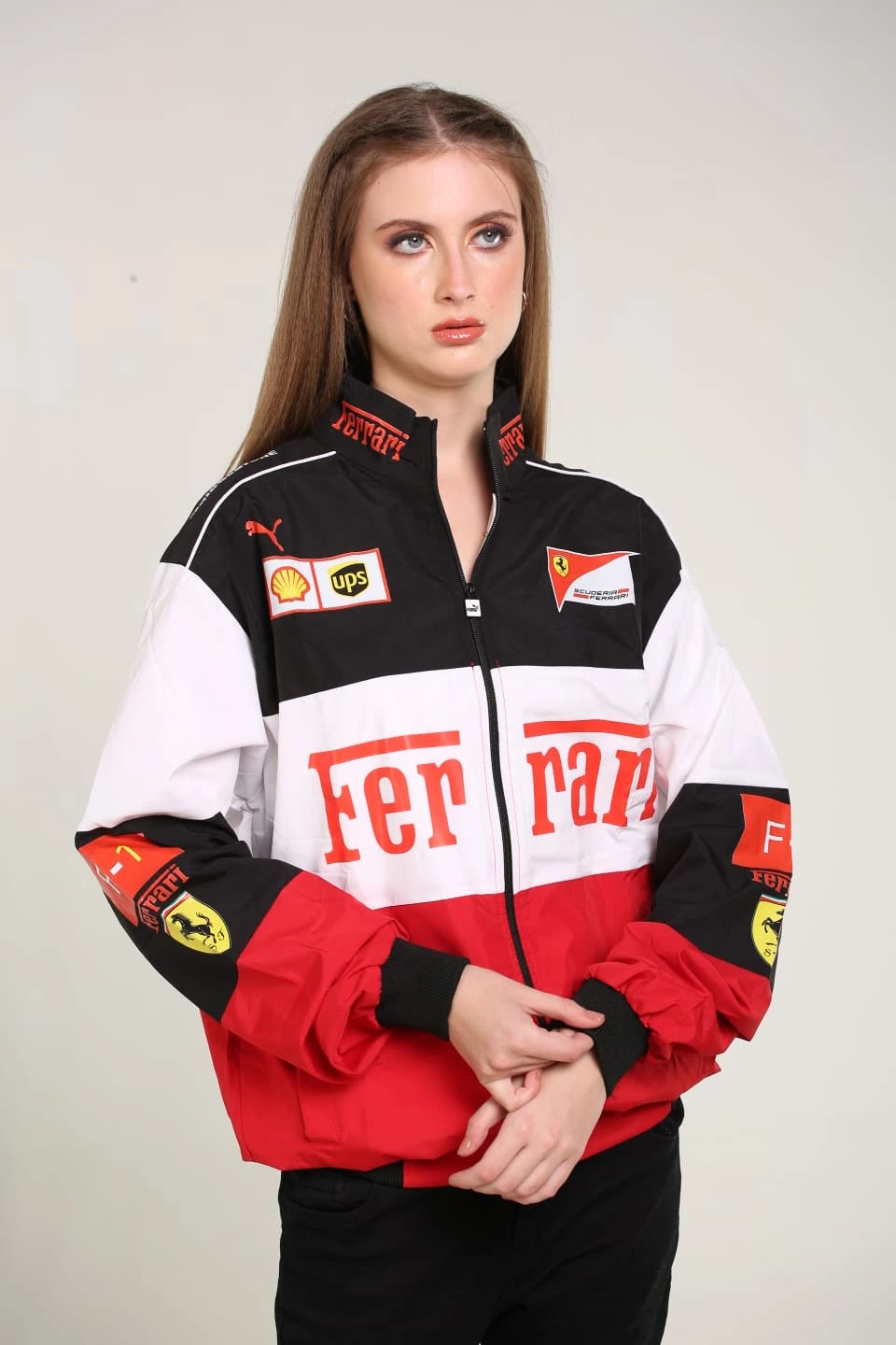 Ferrari F1 Racing Jacket for Women – Red Black White Motorsport Streetwear Zip-Up Jacket | Premium Formula 1 Style Outerwear