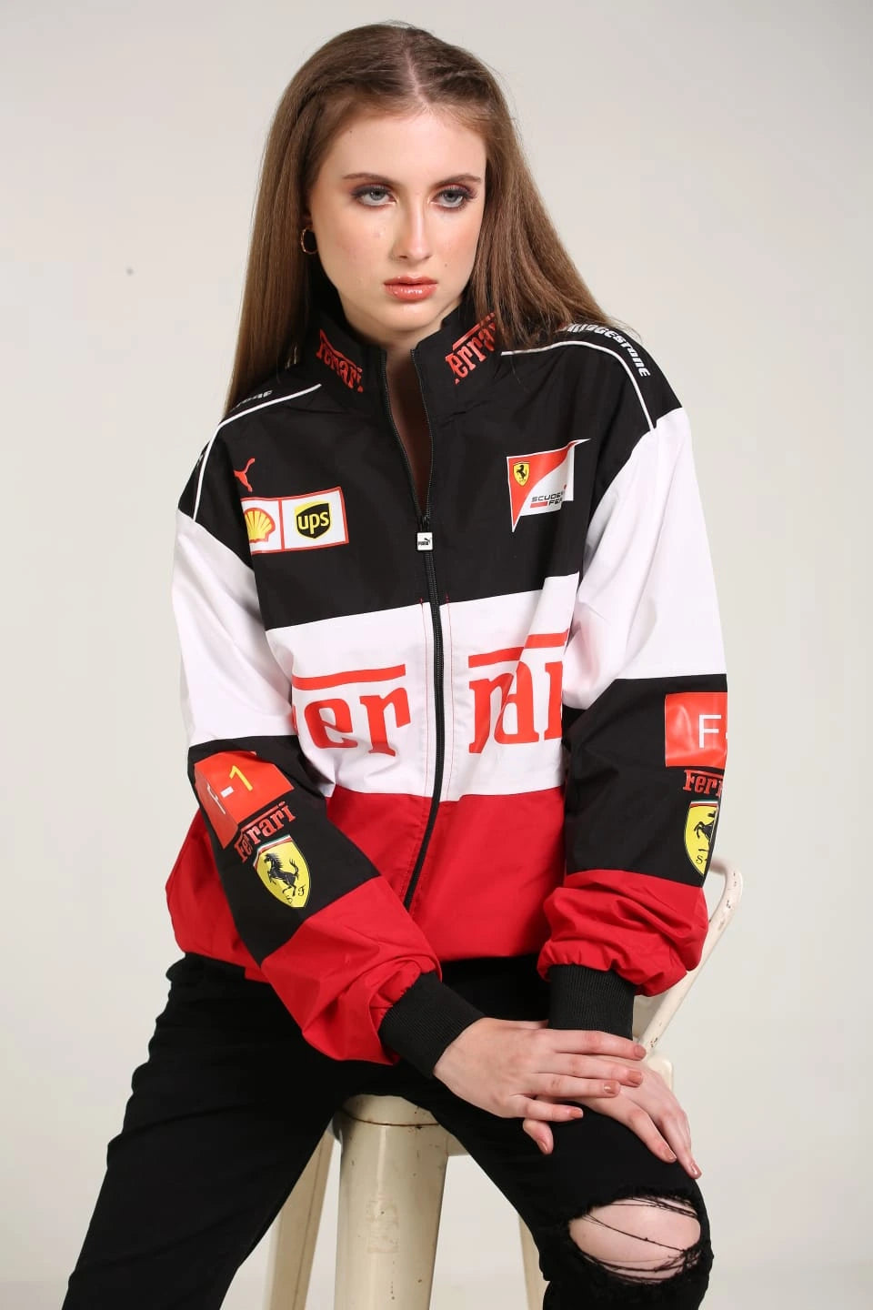 Ferrari F1 Racing Jacket for Women – Red Black White Motorsport Streetwear Zip-Up Jacket | Premium Formula 1 Style Outerwear