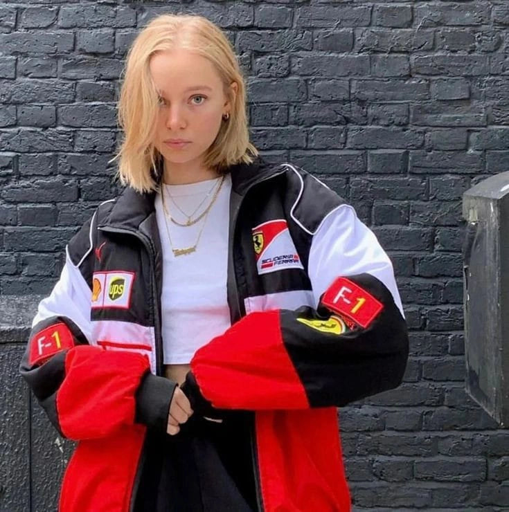 Ferrari F1 Racing Jacket for Women – Oversized Streetwear Motorsport Jacket Black Red