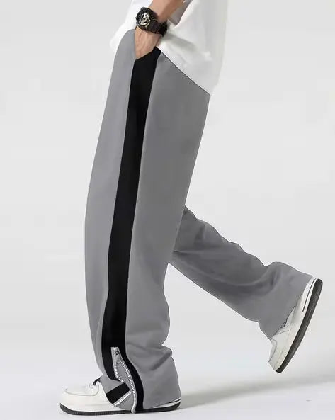 Grey Side Stripe Zipper Track Pants – Korean Streetwear Baggy Fit Joggers (Unisex Urban Style)
