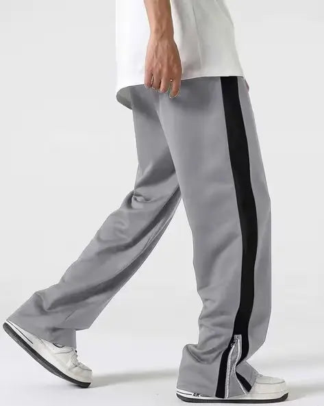 Grey Side Stripe Zipper Track Pants – Korean Streetwear Baggy Fit Joggers (Unisex Urban Style)