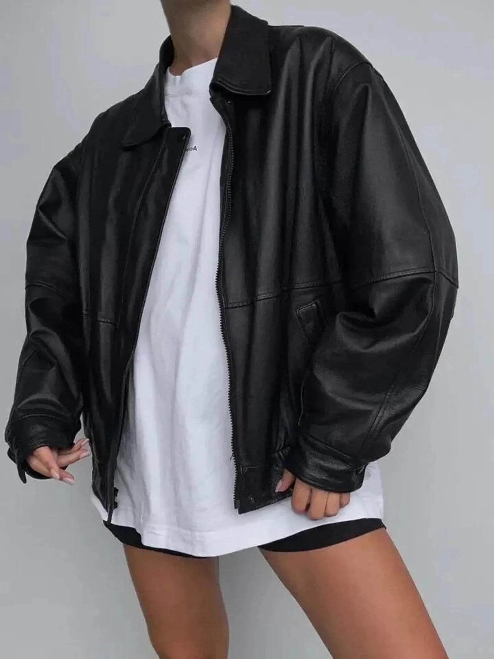 Women’s Black Leather Jacket – Oversized Street Style Black Leather Jacket for Women