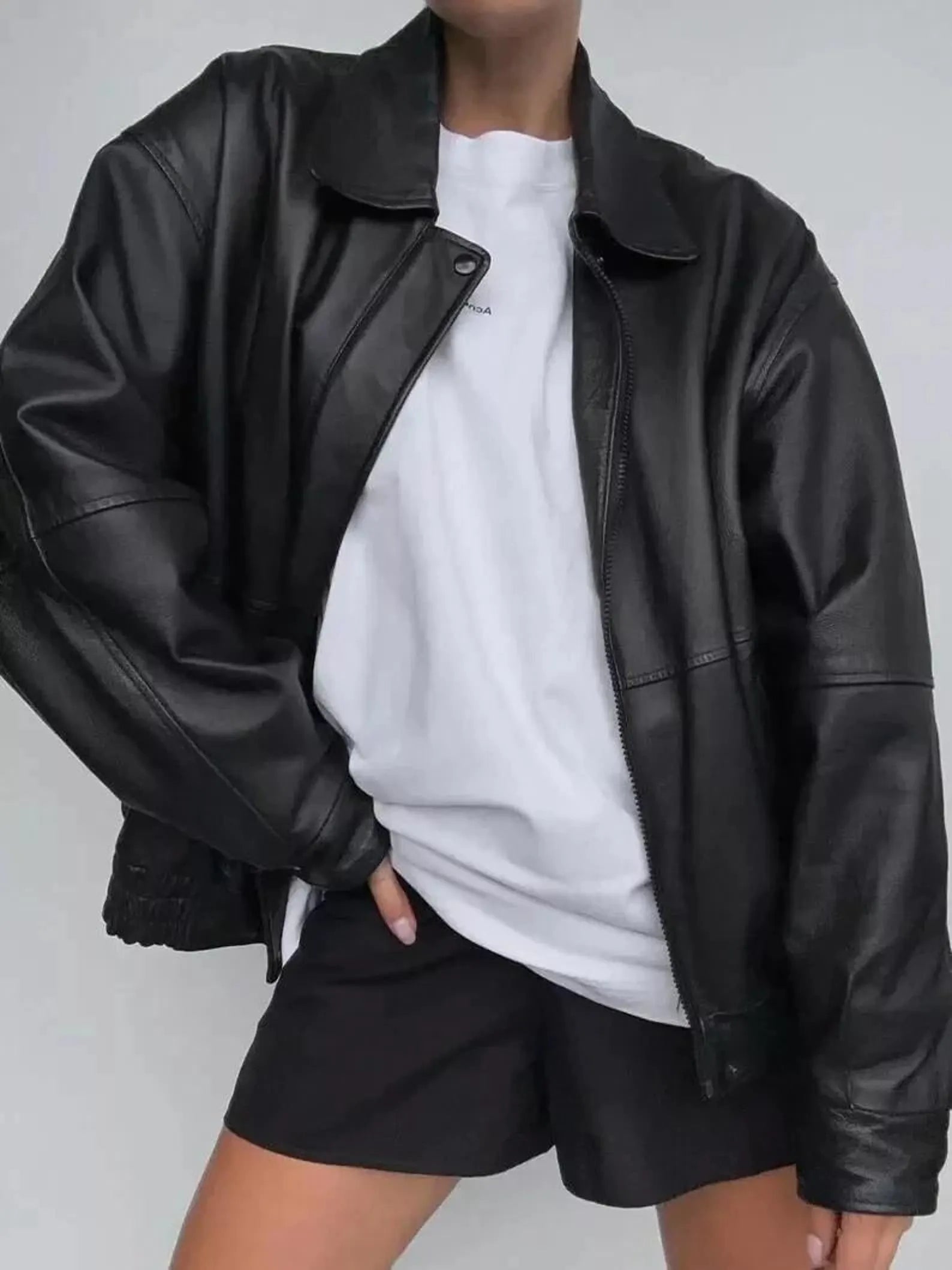 Women’s Black Leather Jacket – Oversized Street Style Black Leather Jacket for Women