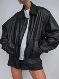 Women’s Black Leather Jacket – Oversized Street Style Black Leather Jacket for Women