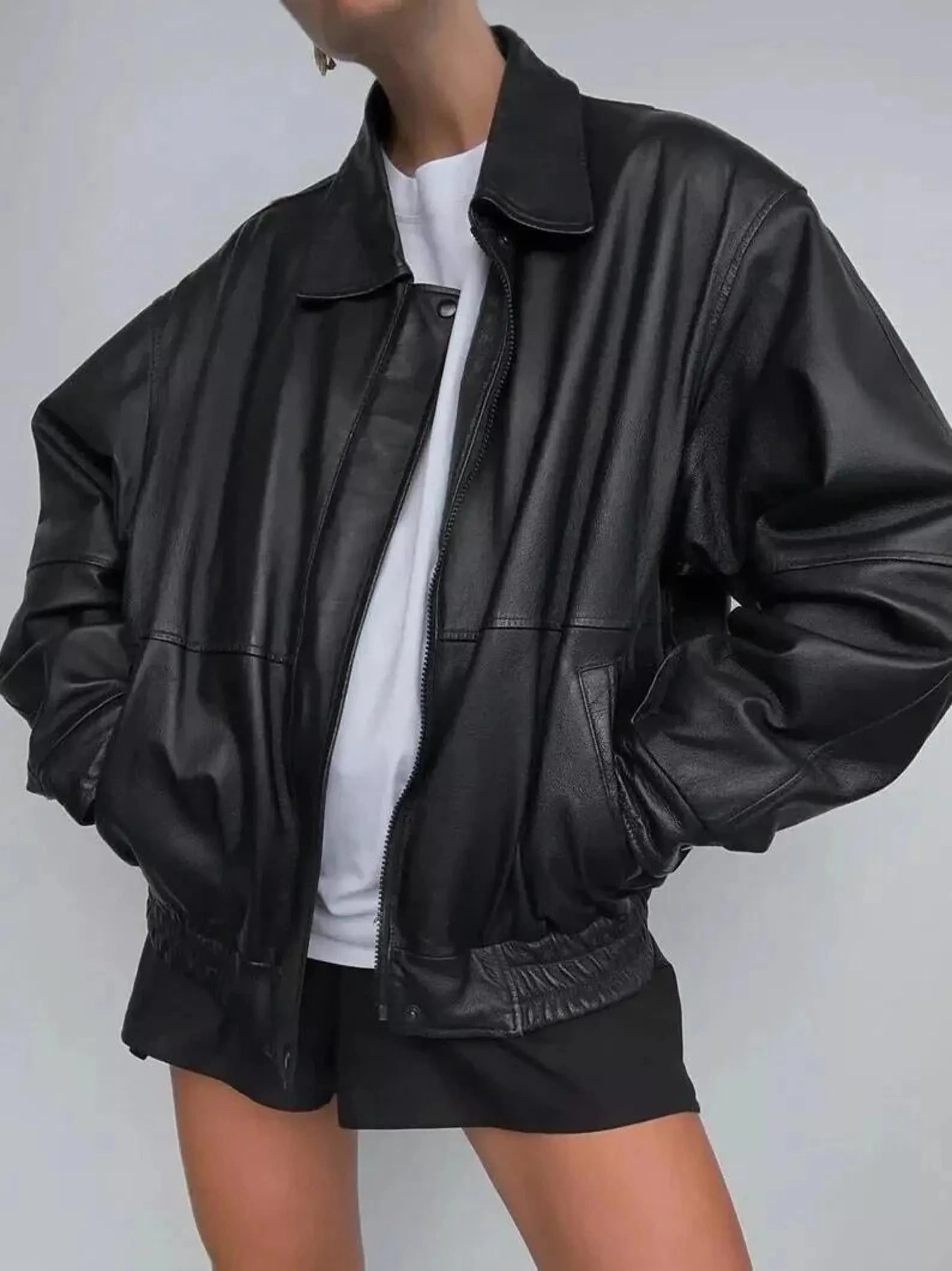 Women’s Black Leather Jacket – Oversized Street Style Black Leather Jacket for Women