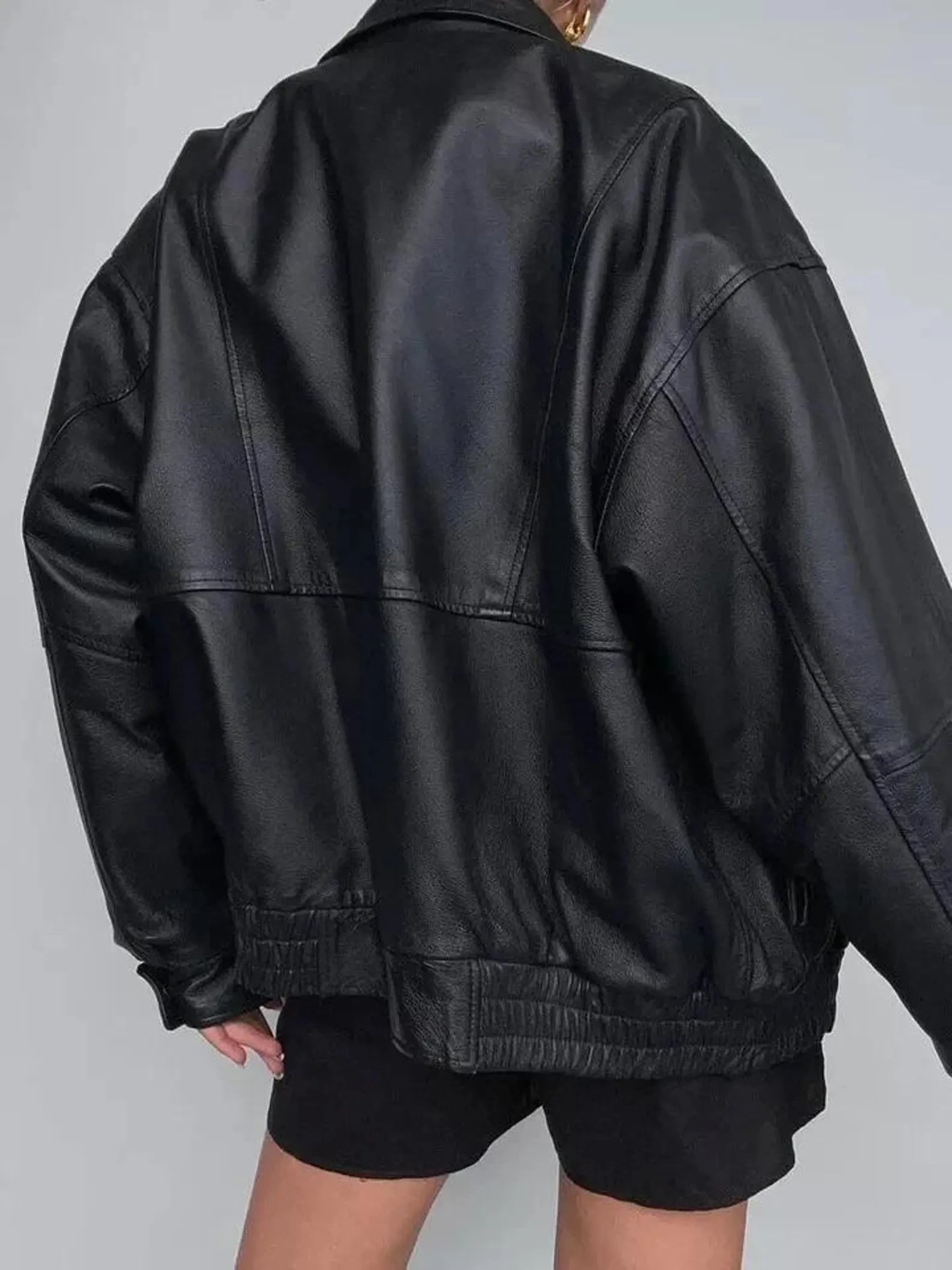 Women’s Black Leather Jacket – Oversized Street Style Black Leather Jacket for Women