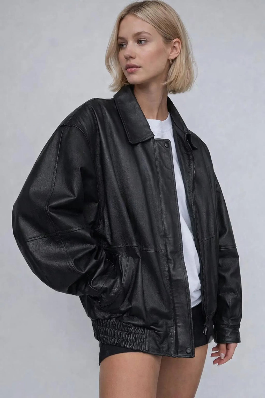 Women’s Black Leather Jacket – Oversized Street Style Black Leather Jacket for Women