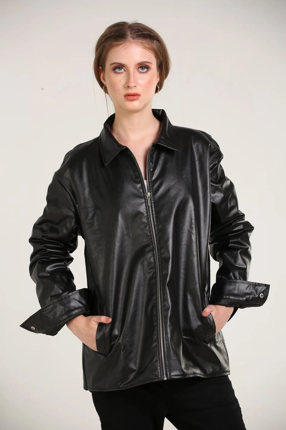 Women’s Black Faux Leather Oversized Jacket – Minimal Streetwear Zip-Up PU Leather Jacket