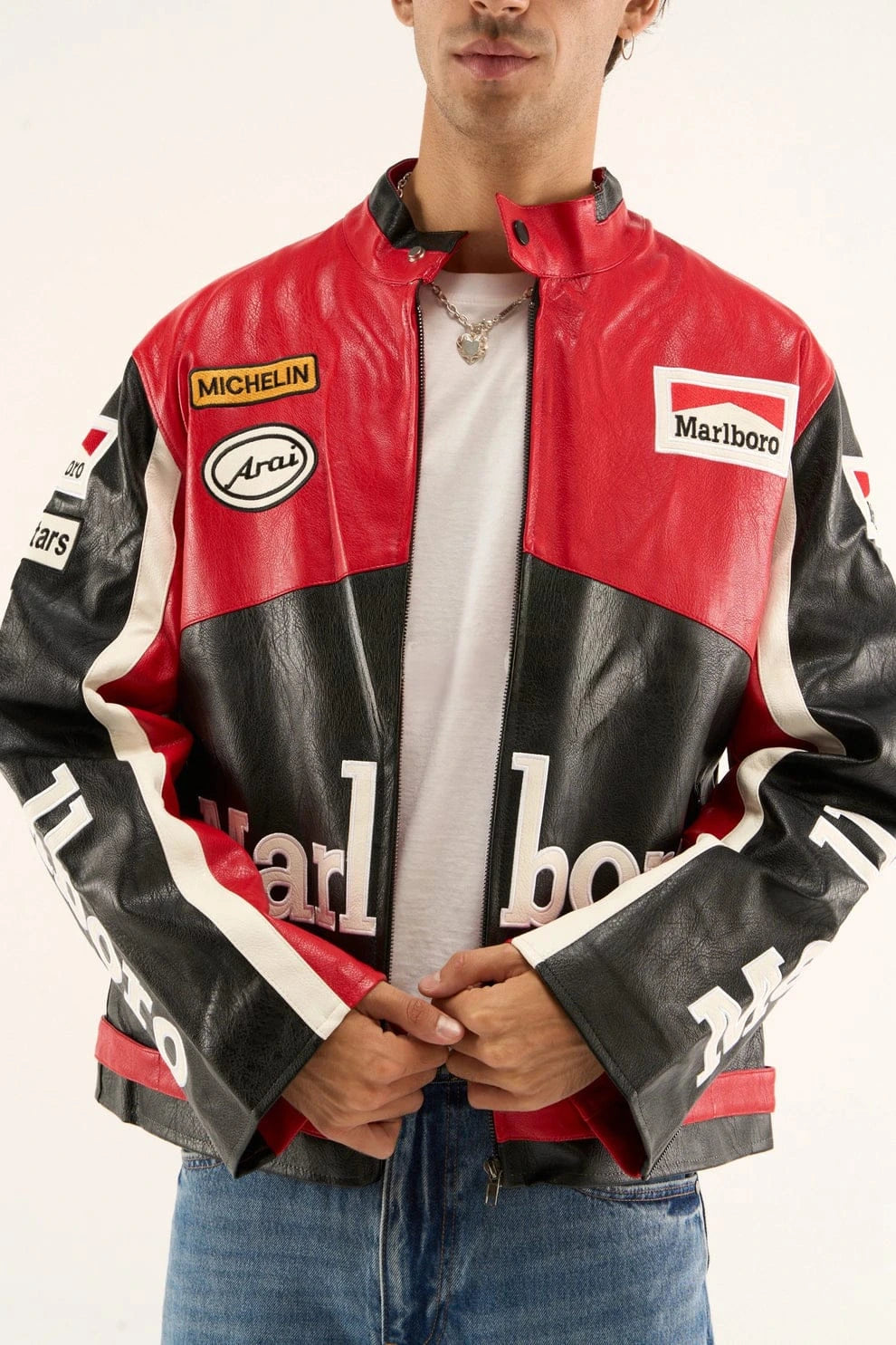 Vintage Racing Leather Jacket Red & Black – Retro Moto Biker Streetwear Jacket | Unisex Oversized Motorsport Jacket