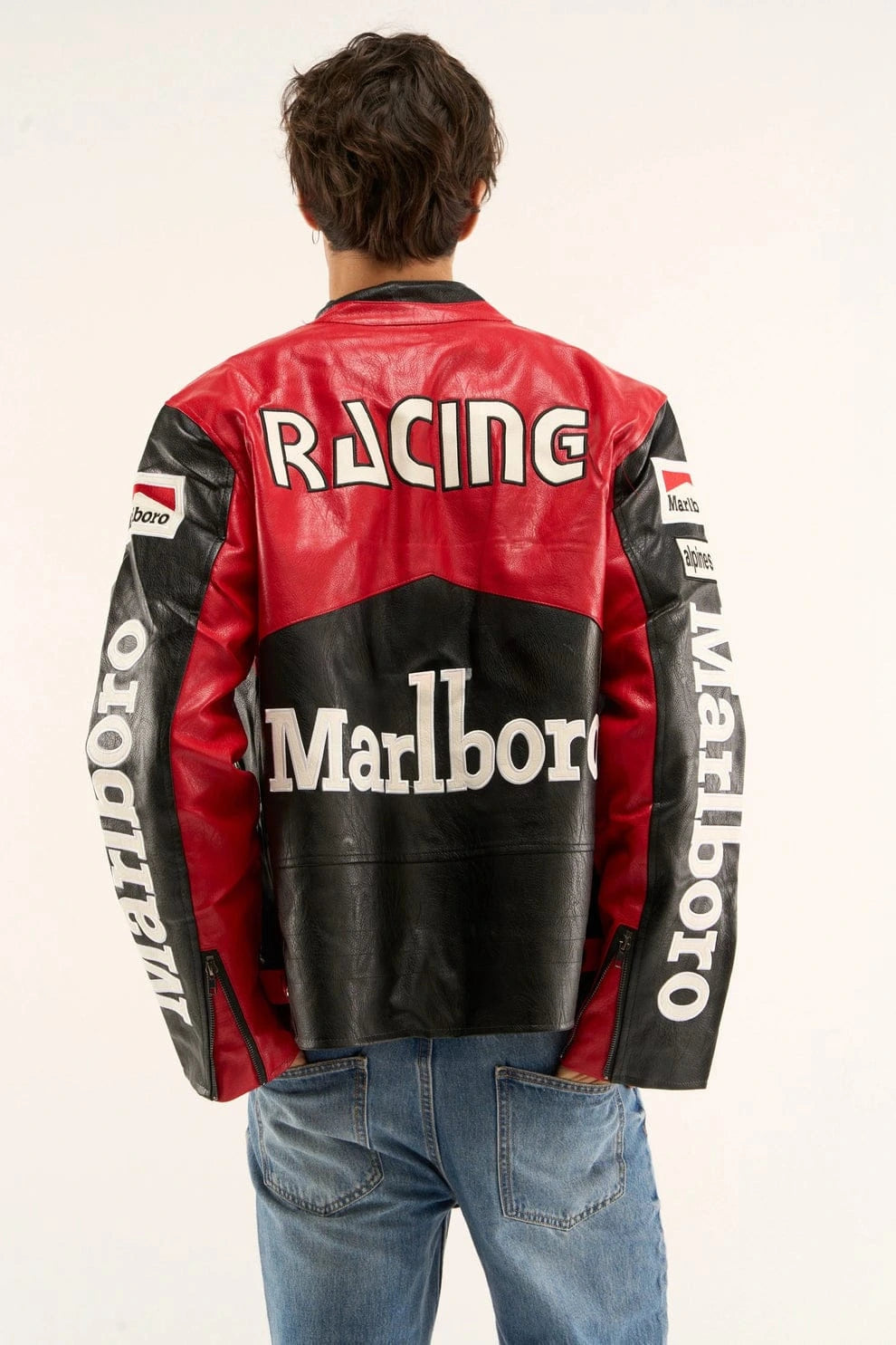 Vintage Racing Leather Jacket Red & Black – Retro Moto Biker Streetwear Jacket | Unisex Oversized Motorsport Jacket