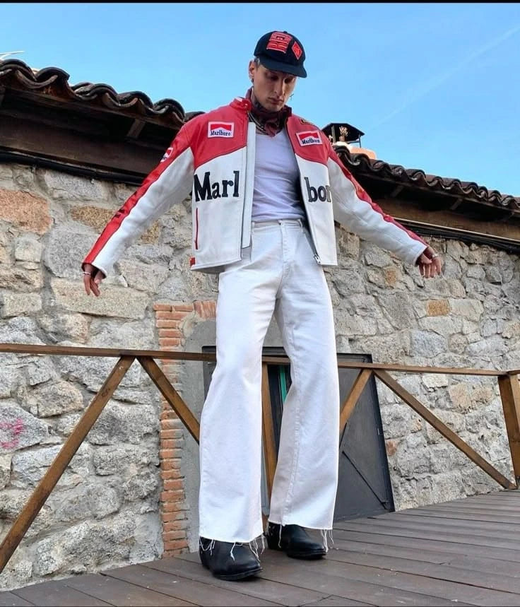 Vintage Marlboro Racing Leather Jacket – Red White Motorsport Biker Jacket | Retro F1 Streetwear Style Outerwear