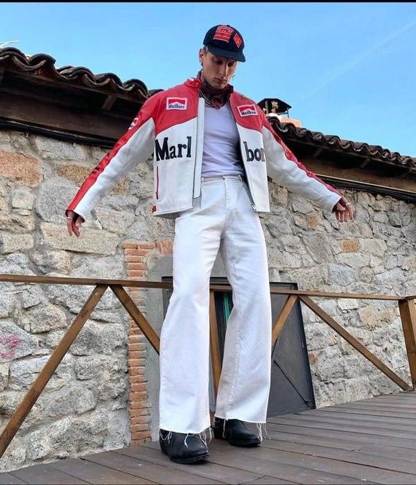 Vintage Marlboro Racing Leather Jacket – Red White Motorsport Biker Jacket | Retro F1 Streetwear Style Outerwear
