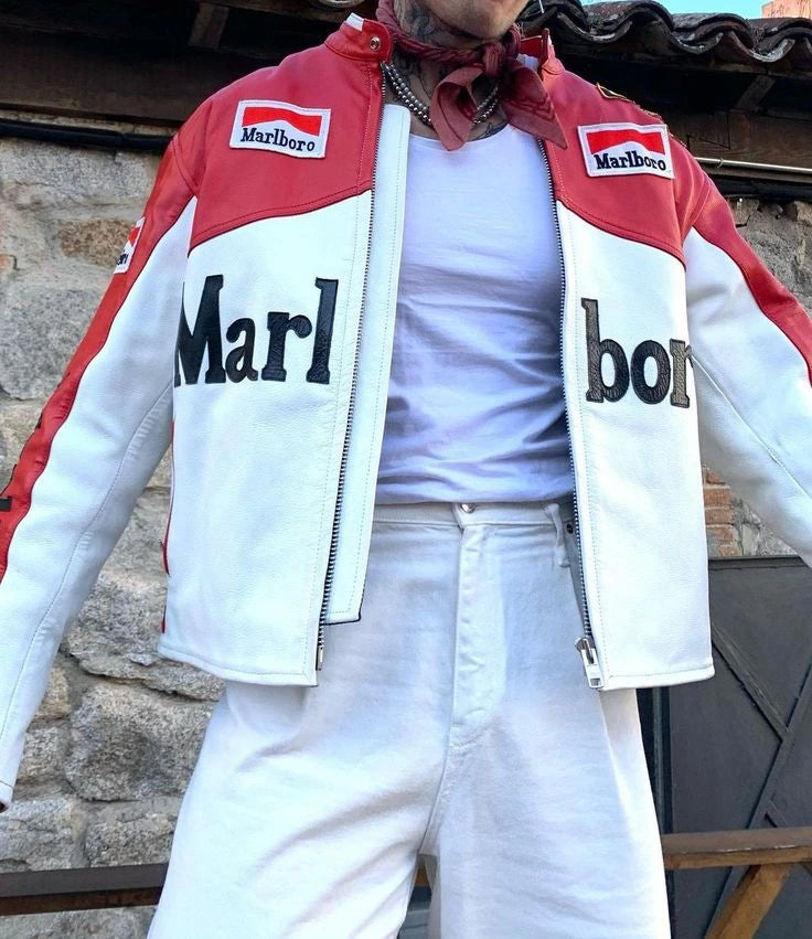 Vintage Marlboro Racing Leather Jacket – Red White Motorsport Biker Jacket | Retro F1 Streetwear Style Outerwear