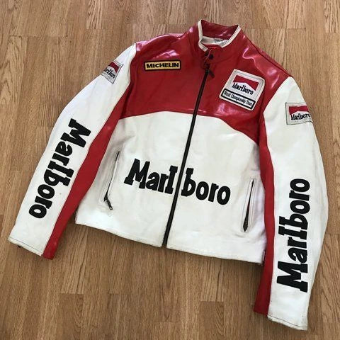 Vintage Marlboro Racing Leather Jacket – Red White Motorsport Biker Jacket | Retro F1 Streetwear Style Outerwear