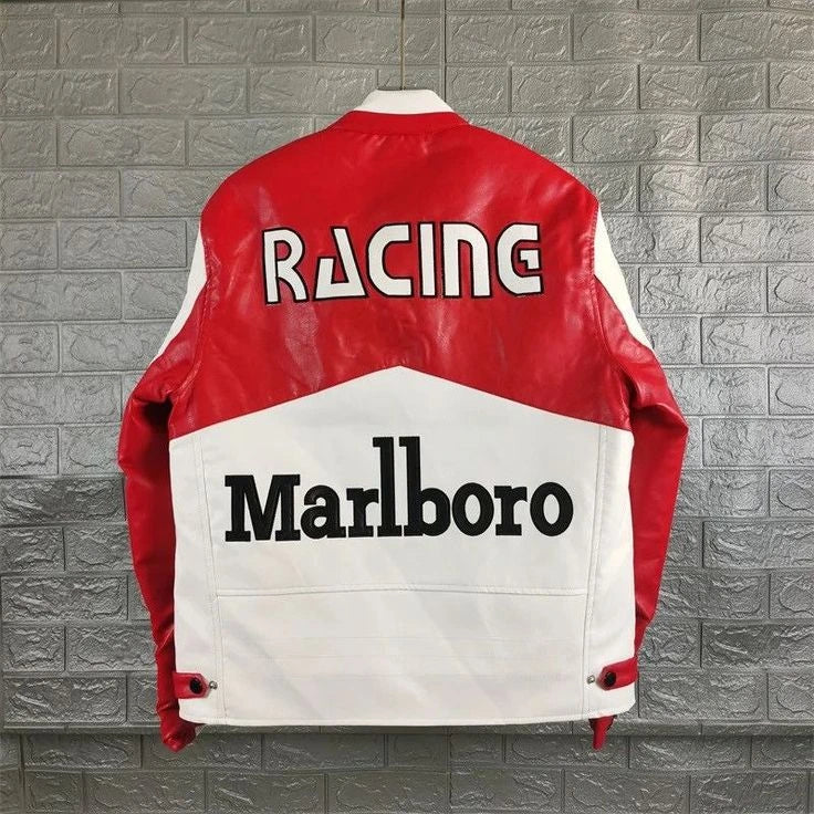 Vintage Marlboro Racing Leather Jacket – Red White Motorsport Biker Jacket | Retro F1 Streetwear Style Outerwear