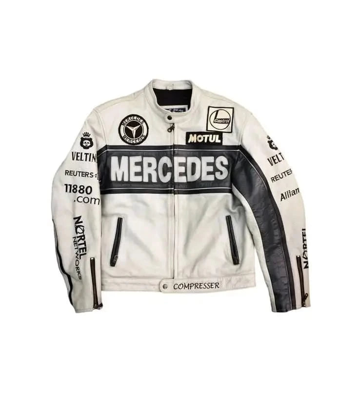 Mercedes AMG Petronas Racing Jacket – Black White Motorsport Leather Jacket | F1 Streetwear Biker Jacket for Men & Women