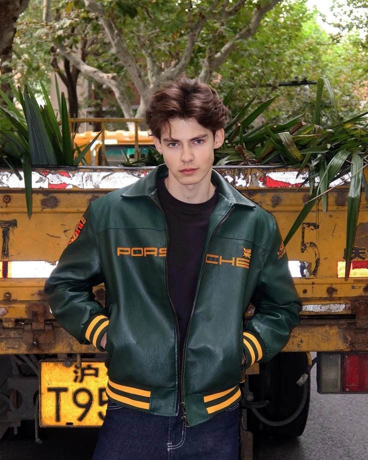 Porsche Style Racing Leather Jacket – Dark Green Motorsport Varsity Jacket | Premium Streetwear Zip-Up Jacket for Men
