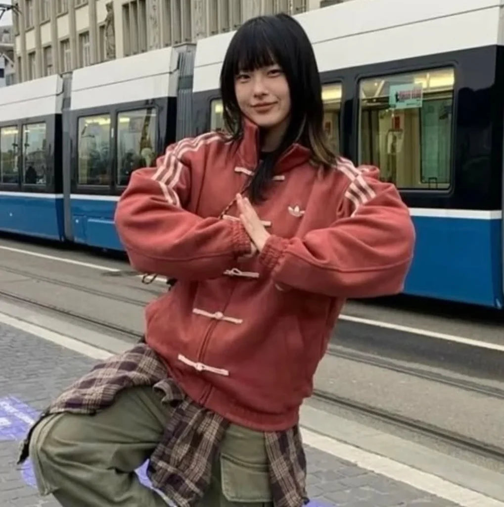 Red CNY Style Track Jacket for Women – Oversized Streetwear Chinese Knot Zip-Up Jacket