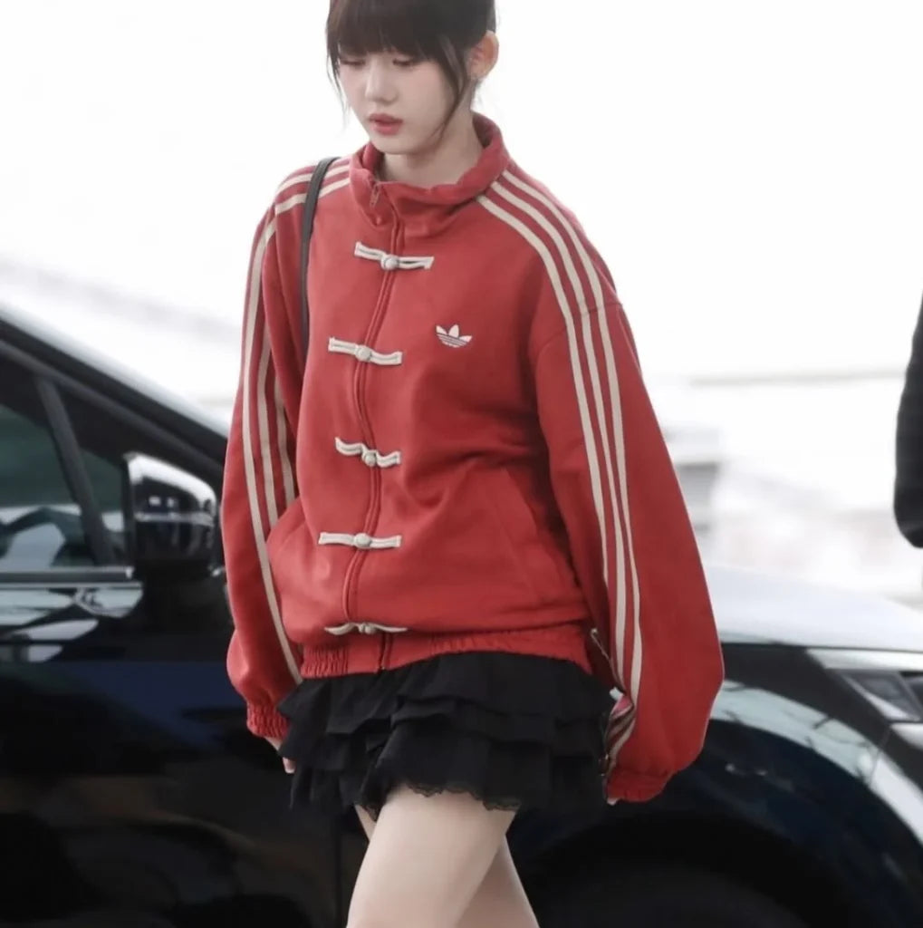 Red CNY Style Track Jacket for Women – Oversized Streetwear Chinese Knot Zip-Up Jacket