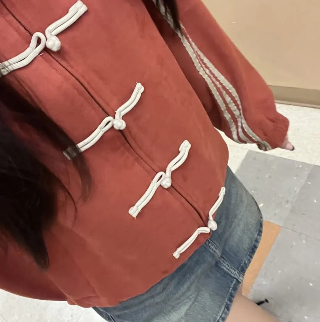 Red CNY Style Track Jacket for Women – Oversized Streetwear Chinese Knot Zip-Up Jacket