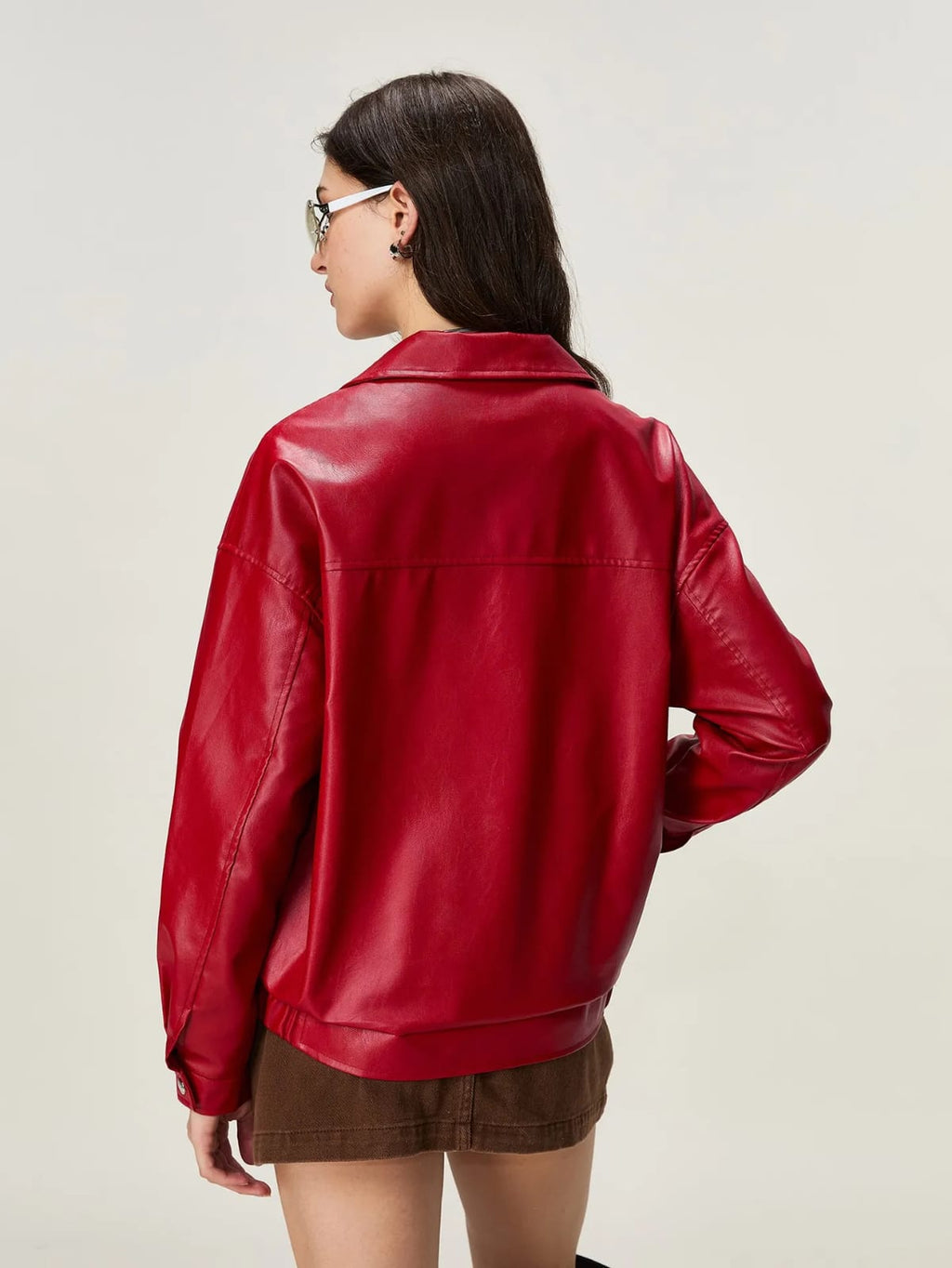 Red Faux Leather Jacket Women – Oversized Y2K Streetwear Viral Aesthetic Red Leather Jacket